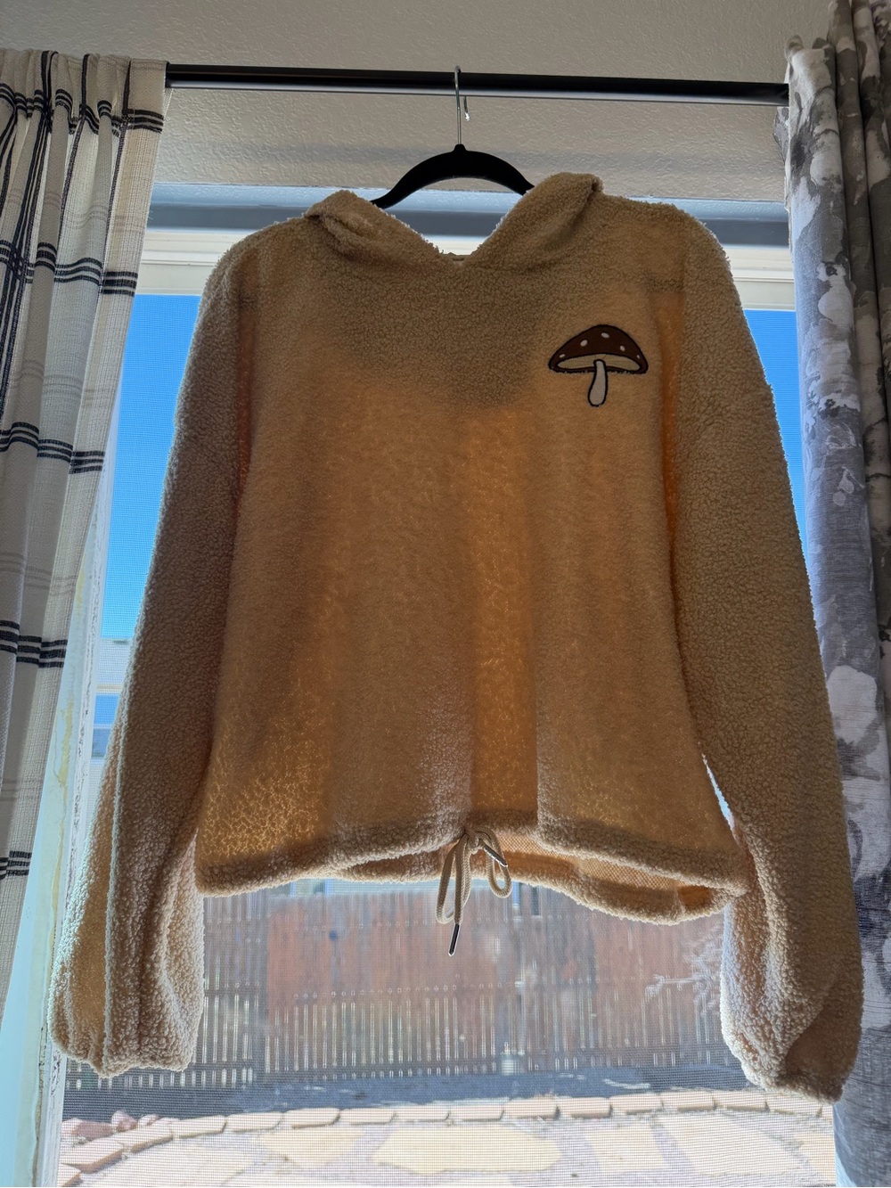 No Boundaries Cream Teddy Hoodie with Mushroom Embroidered Patch